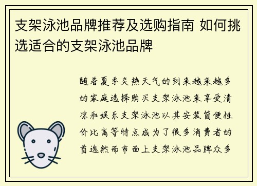 支架泳池品牌推荐及选购指南 如何挑选适合的支架泳池品牌